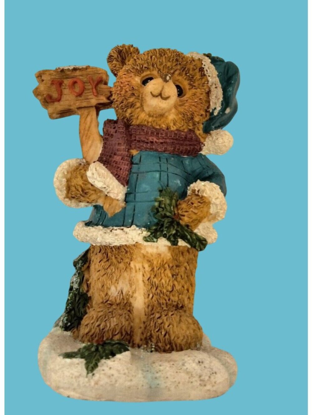 Christmas Bear Figurine Holding Joy Sign Blue Coat Hat Resin Holiday Decor - Picture 1 of 7